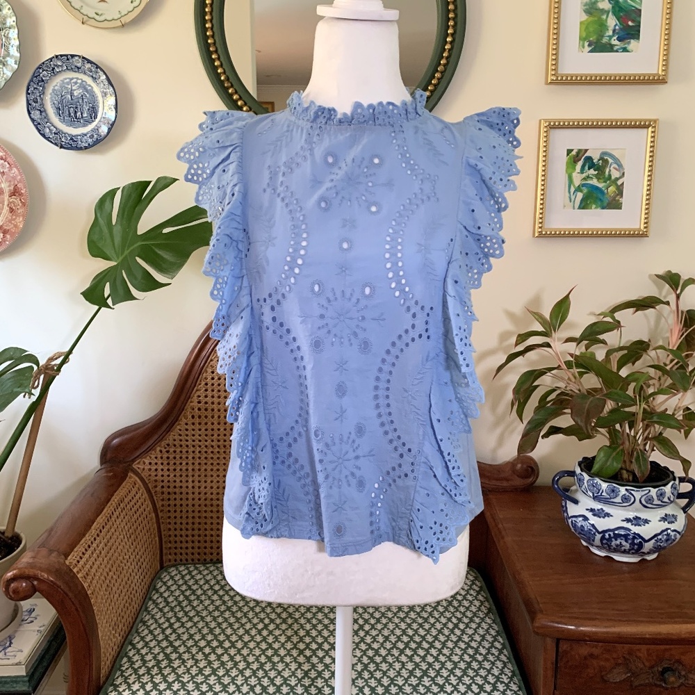 Mango Cornflower Blue Sleeveless Cotton Eyelet Top Small